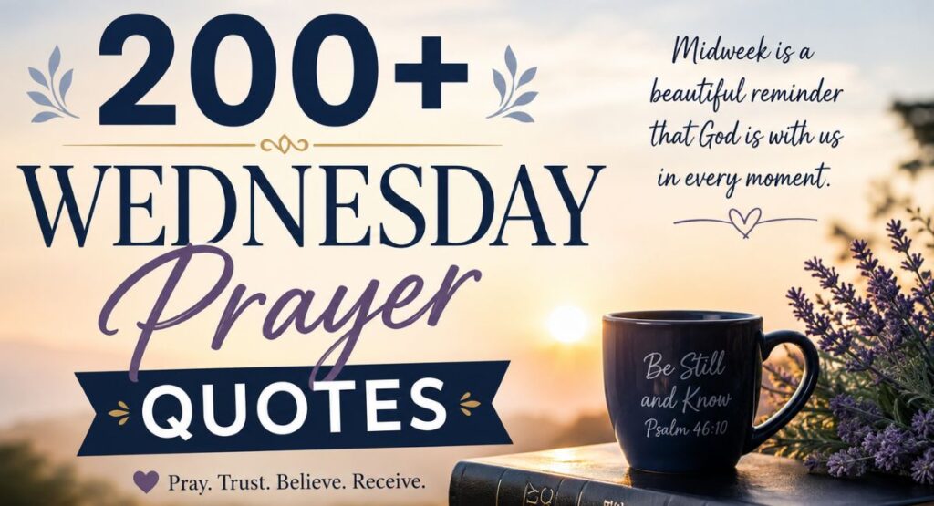 Featured image for 200+ Wednesday Prayer Quotes with Bible, coffee mug, and sunrise background
