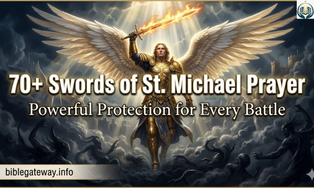 Saint Michael Archangel with flaming sword — 70+ Swords of St. Michael Prayer featured image — biblegateway.info